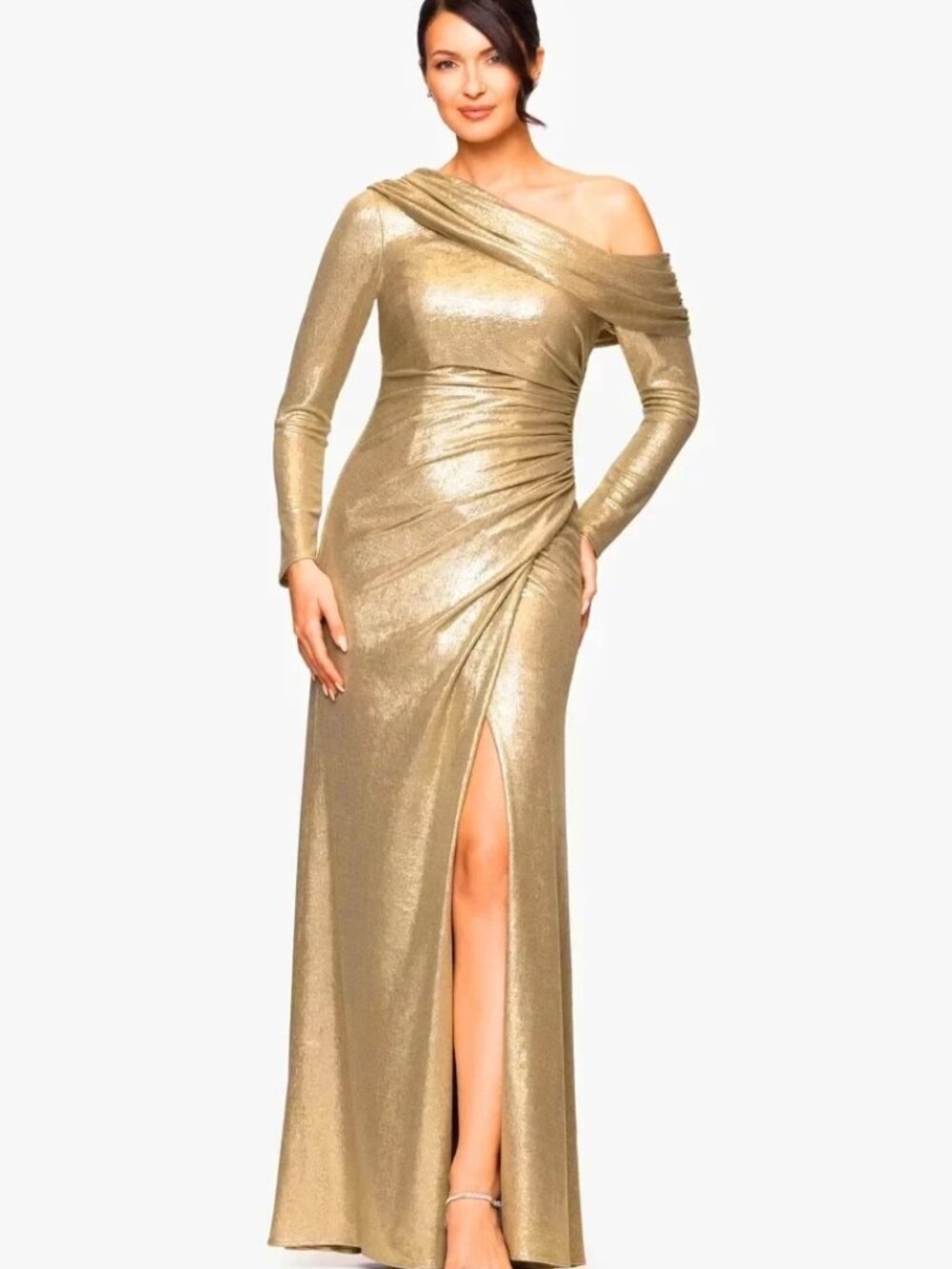 Betsy & Adam Gold Metallic One-Shoulder Long Sleeve Gown